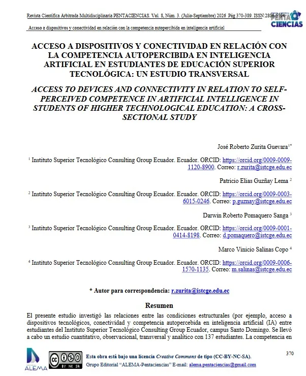 Portada de ACCESO A DISPOSITIVOS Y CONECTIVIDAD EN RELACIÓN CON LA COMPETENCIA AUTOPERCIBIDA EN INTELIGENCIA ARTIFICIAL EN ESTUDIANTES DE EDUCACIÓN SUPERIOR TECNOLÓGICA: UN ESTUDIO TRANSVERSAL
